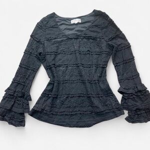 Nanette Lepore Cute Whimsigoth Black Lace Ruffle Top w/ Bell Puff Sleeves Sz M